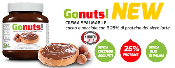Cioccolata Proteica Gonuts! crema alle nocciole e cacao con aggiunta di proteine, senza olio di palma, grassi saturi ne zuccheri aggiunti