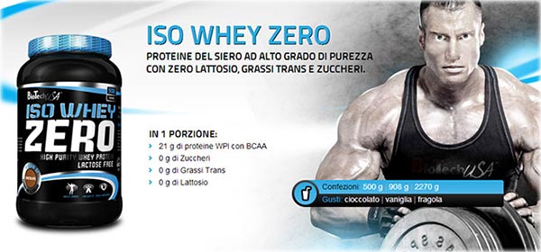iso whey zero sieroproteine del latte isolate a rapido assorbimento ideali per velocizzare la crescita muscolare prodotto dalla biotech