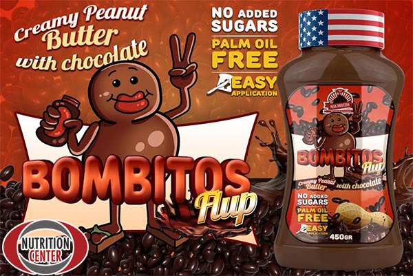 Bombitos Flup sciroppo cremoso ideale come supporto per gli spuntini, contiene sorbitolo, burro di arachidi e cacao magro